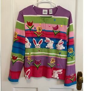 Emma Tricot Women's L Easter Sweater Embroidered Bunny Egg Flowers Sequins FLAW